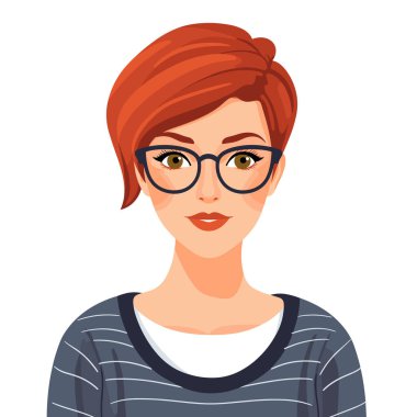 Gözlüklü genç kadın, kızıl saçlı updo, gündelik kıyafetler. Kadın karakter dostu özgüvenli ifade, modern tarz. Profesyonel kendine güvenen kadın ofis çalışanı, şık giyinen, gülen yüzlü.