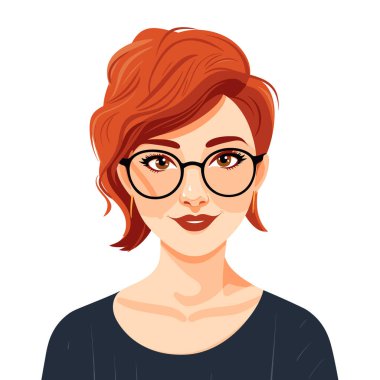 Young woman vector illustration, red hair, glasses, smiling, confident. Female avatar, professional, stylish, casual wear, modern. Graphic design character portrait isolated white background clipart
