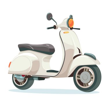 Klasik beyaz scooter çizimi izole edilmiş beyaz arka plan. Motosiklet yan görüş, krem gövde, siyah koltuk, retro tasarım. Klasik iki tekerlekli motosiklet, şehir ulaşım vektörü grafiği