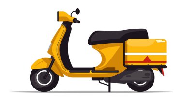 Bright yellow scooter side view isolated white background, scooter delivery transport, city vehicle illustration. Modern urban graphic, twowheeler storage box delivery service. Yellow motor vector clipart