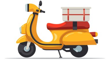 Delivery scooter parked carrying package, empty seat. Yellow motorbike delivery service, side view, cartoon style. Scooter equipped rear cargo box, urban speedy transport, isolated white background clipart