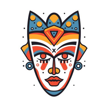 Renkli kabile maskesi çizimi, canlı geleneksel Afrika Aztek tasarımı, simetrik yüz hatları, etnik dekorasyon, cesur taslak. Grafik kabile maskesi turuncu, mavi, sarı aksanlı