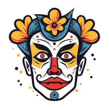 Kültür festivali maskesini bembeyaz arka planda tasvir eden renkli yüz boyası çizimi. Geleneksel şenlik kostüm makyajı, detaylı maske sanat vektör tasarımı. Etnik kutlama, süsleme