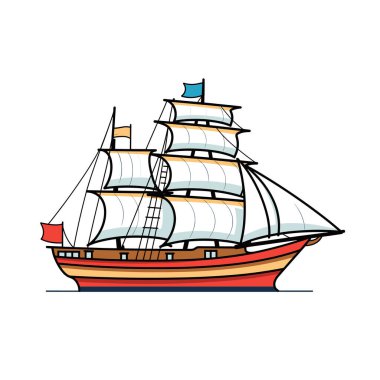 Renkli yelkenli gemi çizimleri, birden fazla yelkenli bayrakları var. Canlı, uzun gemi karikatürü çizimi, tarihi deniz taşımacılığını temsil ediyor. Klasik kırpıcı vektör sanatı, mükemmel eğitici.