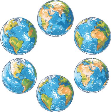 Dünya 'yı temsil eden altı renkli küre farklı açıları temsil ediyor. Küre, okyanusları gösteriyor. Çizgi film stili küreler kıtalar Afrika, Asya, Avrupa, Amerika