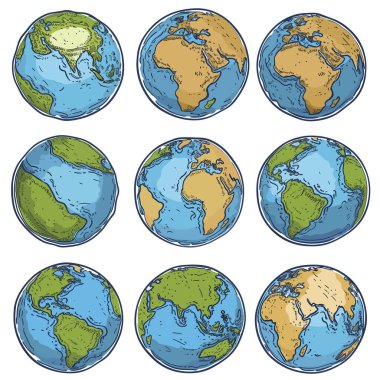 Değişik coğrafi perspektiflere ve görünür kıtalara sahip dokuz farklı dünya çizimi. Renkli karikatür tarzı küreler Dünya 'yı, okyanuslar maviyi, kıtalar yeşili, sarı, eğitici