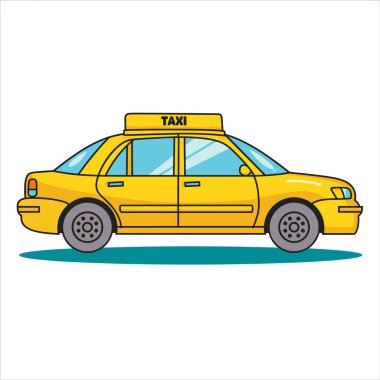 Yellow taxi cab cartoon illustration side view. City transport yellow sedan taxi vehicle, commercial transportation, car isolated white background, urban service clipart