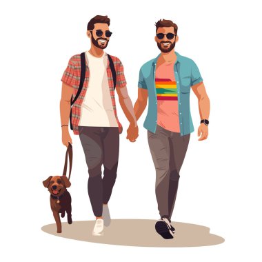 İki adam köpek gezdiriyor, ikisi de gülümsüyor, el ele tutuşuyor, biri güneş gözlüğü takıyor. Günlük kıyafet, boş zaman aktivitesi, neşeli ruh hali, evcil hayvan bakımı, arkadaşlık, aşk. Erkek modası, açık hava yürüyüşü, köpek yürüyüşü.