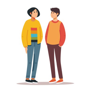 İki animasyon karakteri yan yana duruyor, erkek kadın, günlük kıyafetler, gülümseyen, arkadaş canlısı duruş, renkli kıyafetler. Genç yetişkin çizgi film figürleri, erkek kahverengi saçlı, turuncu kazaklı, kadın.