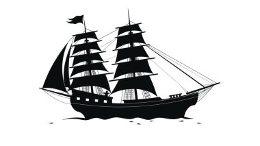 Siyah siluet uzun gemi deniz yolculuğu macerasına yelken açar. Denizcilik gemisi okyanus seyahati temalı grafik. Korsan gemisi çizimleri koyu deniz antika teknesi beyaz arka planda izole edilmiş.