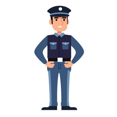 Çizgi film polisi el ele tutuşuyor. Üniformalı, kendine güvenen, gülümseyen kolluk kuvveti. Gülümseyen polis karakteri mavi üniforma rozeti profesyonel güvenlik işi. Mutlu polis adam koyu mavi kıyafet