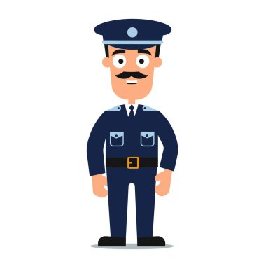 Polis çizgi film karakteri kendinden emin duruyor, polis üniforması, bıyık takıyor, gülümsüyor. Dost canlısı memur çocuk kitapları, eğitim materyalleri, izole edilmiş beyaz arka plan