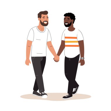El ele tutuşan, gülümseyen, dostluk gösteren iki adam. Kafkasyalı, Afrika kökenli, günlük kıyafetler, mutlu ifade, düz tasarım. Çok ırklı erkek çift eğleniyor