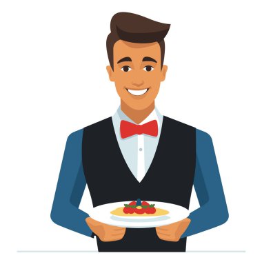 Gülümseyen garson hazır yemek müşterilere mükemmel servis restoranı konukseverliği sunar. Dost canlısı erkek sunucu yeleği papyonu profesyonel yemek servisi konseptini sunar. Gülümsüyor