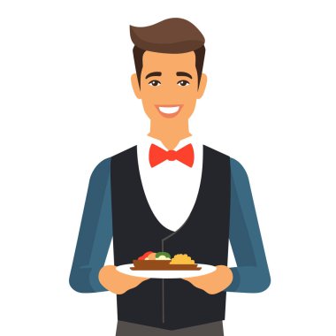 Waiter serving delicious salad, smiling male restaurant staff presenting dish. Smartly dressed Caucasian waiter offering fresh meal, hospitality professional work. Vest bow tie attire formal food clipart