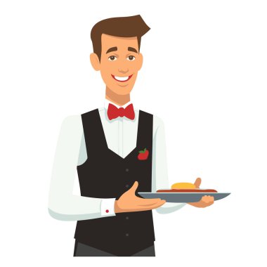 Garson lezzetli salata servisi yapıyor, gülümseyen erkek restoran personeli yemek sunuyor. Güzel giyimli Kafkas garson taze yemek, konukseverlik profesyonel işi teklif ediyor. Yelek papyon resmi yemek giyinir.