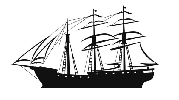 Черный силуэт высокого парусного судна, замысловатый такелаж, паруса плывущие, морской транспорт, историческое судно. Старомодный силуэт парусника изолированный белый фон, мореходная тема, исследование