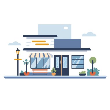 Düz tasarım modern mağaza dışı, vektör grafik. Tenteleri, sokak lambası, saksı bitkileri olan tuhaf mavi butik bir bina. Kentsel kafe cephesi vektör illüstrasyonuName
