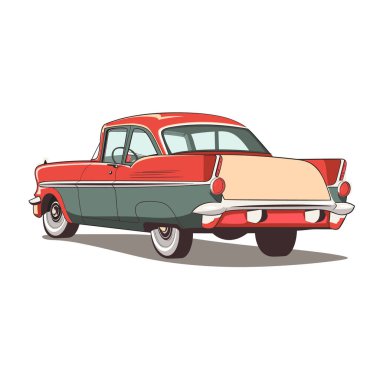 Klasik klasik, resimli, kırmızı yeşil, çift Amerikan arabası 1950 'ler. Yan profil retro aracı, çizgi film biçimi izole edilmiş beyaz arkaplan, krom ayrıntılar