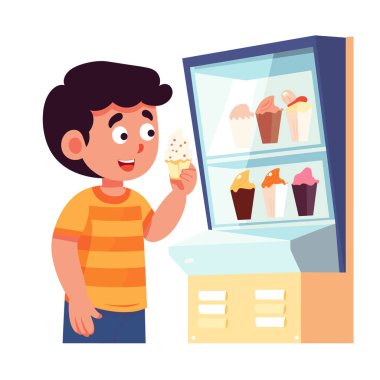 Dondurucuyu seçen genç bir çocuk, elinde dondurma külahıyla mutlu bir çocuk. Çizgi filmdeki çocuk tatlı seçiyor, çeşitli tatlar sergiliyor, neşeli bir ifade takınıyor. Parlak renkli neşeli sahne, kapalı alanda.