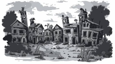 Monochrome vector illustration depicting eerie abandoned town, featuring houses various states disrepair. Overgrown vegetation surrounds dilapidated buildings under cloudy sky. No people visible clipart