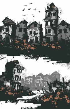 Terk edilmiş binalar yıkılıyor, yıkık dökük evler, ıssız şehir peyzajı. Harap olmuş binaların, ürkütücü atmosferin ve yıkık dökük mahallelerin üzerinden sürü halinde geçen kuşlar. Siyah beyaz renk şeması