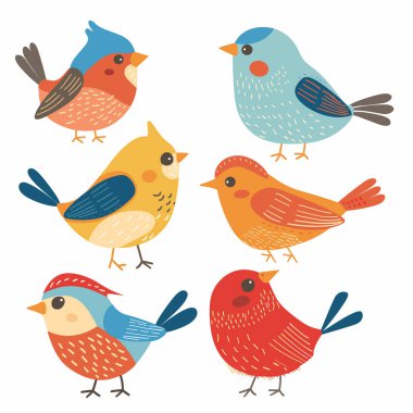 Six stylized birds exhibiting variety colors patterns. Cartoon birds present unique plumage red, blue, orange, yellow hues, appear cheerful whimsical, perfect childrens book illustrations clipart