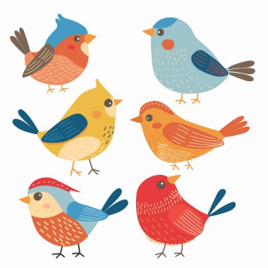 Six colorful cartoon birds illustrated against isolated white background. Different species illustrated, displaying blue, red, yellow, orange plumage, bird has unique pattern, simple shapes clipart