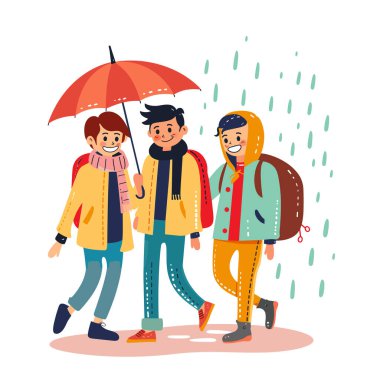 Yağmurda şemsiye altında yürüyen üç arkadaş, neşeli grup karakterleri yağmurluklar. Şemsiyeyi paylaşan gülümseyen genç yetişkinler, canlı renk şeması, çizgi film tarzı çizimler. Günlük kıyafet.