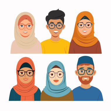 Six diverse Muslim characters illustrated, featuring men women traditional clothing. Hijabs, glasses, friendly smiles shown, reflecting modern diversity among Muslim youth. Vector graphics display clipart