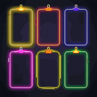 Altı neon pano parlayan karanlık, canlı renkler, neon ofis malzemeleri. Boş panolar metin reklamını hazırlar, siyah arkaplana karşı ışık efekti. Yaratıcı pano tasarımı