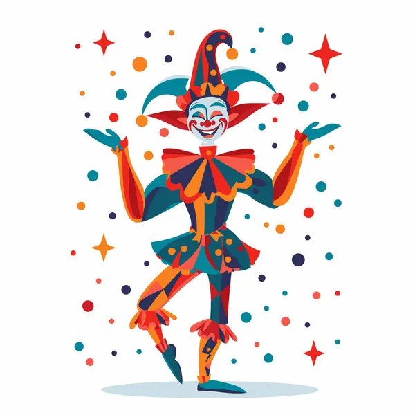 Colorful Jester Performing Tricks Amidst Colorful Confetti Juggling Jestful Character — vektorikuva