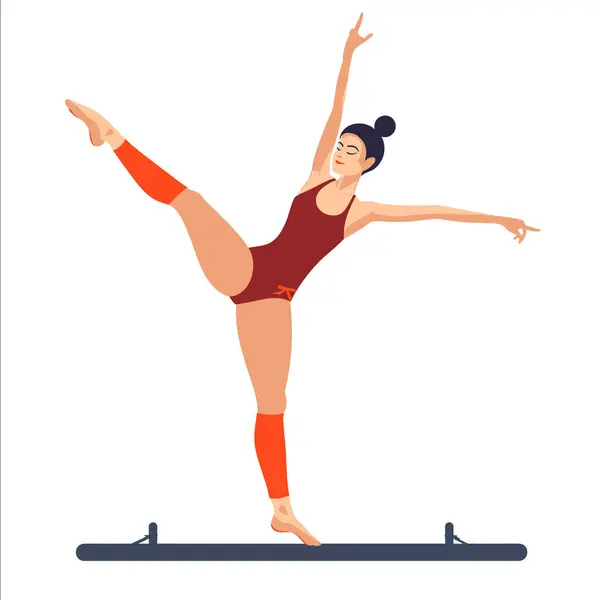 Kadın Jimnastikçi Sanatsal Poz Veriyor Denge Işını Zarif Bir Spor — Stok Vektör