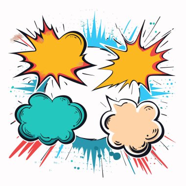 Çizgi roman konuşma baloncukları rengarenk pop sanat tarzında patlıyor. Canlı çizgi roman onomatopoeia ses mürekkebi damlası. Retro ifadeler koleksiyonu, bulut şekilleri
