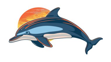 Zıplayan yunus grafiği, güneşli arka plan, stilize edilmiş su memelisi. Renkli karikatür yunusu çizimi, deniz yaşamı, okyanus yaratığı çizimi. Oyuncu vektör sanatı, günbatımı arka planı, deniz teması
