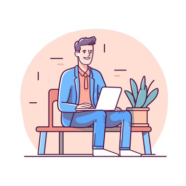 Animasyon erkek karakter, dizüstü bilgisayar, günlük kıyafetler, gülümseme, profesyonel titreşim kullanarak bankta oturuyor. Genç yetişkin, mavi ceketli, beyaz gömlekli, bitkinin yanında, teknolojik kullanım, serbest çalışma. Mutlu