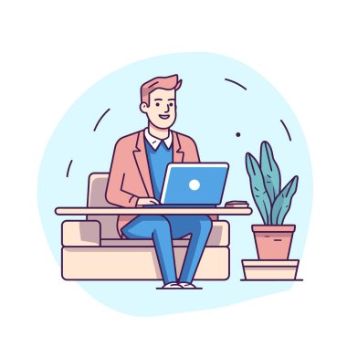 Adam kanepeye oturmuş, dizüstü bilgisayar kullanıyor, gülümsüyor, sıradan bir iş yeri, yakınlardaki kapalı bir tesis, vektör illüstrasyon. Mutlu erkek serbest çalışan, kızıl saçlı, mavi pantolonlu, açık renkli koltuklu.