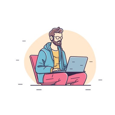 Bearded man working remotely using laptop, concentrated freelancer typing. Casual male cartoon character engaged computer task, techsavvy user online. Adult entrepreneur runs business home clipart