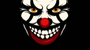 Korkunç palyaço dijital sanat, tehditkar gülümseme, keskin dişler, yoğun gözler. Kötü niyetli palyaço illüstrasyonu, korku teması, siyah kırmızı renkler, sarı gözler. Korkunç grafikler, uğursuz ifadeler.