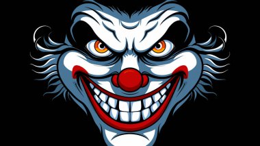 Ürkütücü palyaço yüzü korkunç korku temalı grafikler. Şeytani soytarı baş komedi sanatının siyah arka planı. Kötü niyetli sirk göstericisi tehditkar sırıtış abartılı yüz hatları canlı renkler