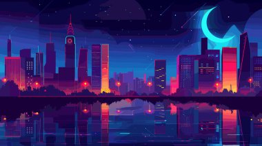 Gece gökyüzünün altındaki gelecekteki şehir manzarası hilal ay ışığı, neon ufuk çizgisi suyu yansıtır. Parlak renkli şehir silueti, siber punk metropol, dijital sanat fütüristik. Şehir gecesi