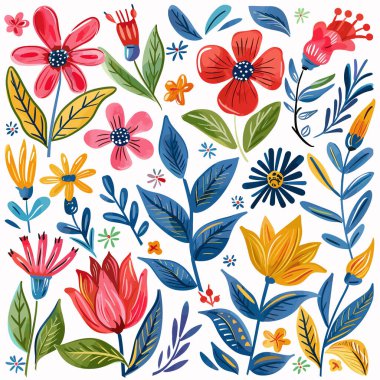 Elle çizilmiş renkli çiçekler garip doğa tasarımı bırakır. Canlı bitki örtüsü, botanik bahçe unsurları, sanatsal arka plan. Bahar çiçekli neşeli koleksiyon izole edilmiş beyaz arka plan