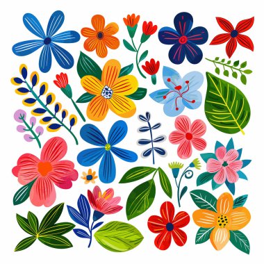 Koleksiyon renkli el çizimi çiçekler çeşitli desenler bırakır. Kalın renkler basit şekiller neşeli botanik tasarım yaratır. Çiçek elementleri uygun bahar temalı dekorasyon tasarımları