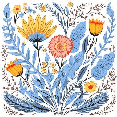 Mavi yapraklar, sarı papatyalar ve renkli çiçeklerden oluşan canlı bir çiçek deseni. Sanatsal botanik illüstrasyon çeşitli çiçekler, mükemmel tasarım unsuru temalı projeler. Ayrıntılı çiçek grafiği