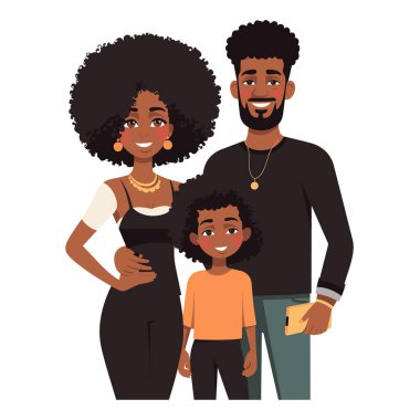 Genç Afro-Amerikan aile portresi, birlikte gülümseyen ebeveyn çocuğu, modern günlük kıyafetler, mutluluk. Anne, baba oğul ayakta, neşeli ifadeler, siyah kıvırcık saçlar, resimli