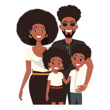 African American family portrait featuring parents children smiling together. Mother, father, young girl, boy casual clothing, exuding happiness. Cartoon illustration representing closeknit clipart