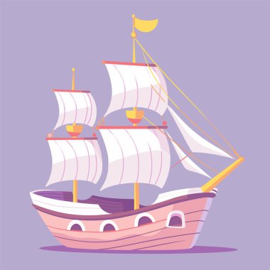Eski moda yelkenli karikatür tarzı mor arka plan çiziyor. Yelkenli gemisinin renkli çizimleri. Denizcilik gemisi yelkenleri yelken açıyor. Deniz macerası yelkenleri açılıyor.