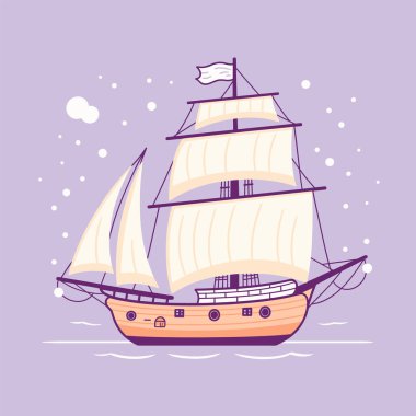 Yelkenli gemi mor arka plan, geniş yelkenler, tarihi gemi. Denizcilik macerası, okyanus keşfi, uzun gemi çizimleri. Eski moda yelkenli, deniz yolculuğu, deniz yolculuğu grafikleri