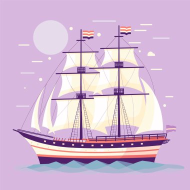Sailing ship illustration purple background, vintage vessel sailing sea under full sails, maritime adventure theme. Detailed classic ship design, exploration travel concept, nautical clipart clipart