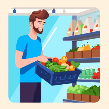 Genç adam taze sebze alışverişi yapıyor. Gülümseyen erkek müşteri sepeti sağlıklı yiyecekleri doldurdu, ürün reyonunun yanında duruyordu. Çizgi filmdeki yetişkin organik meyve sebzeleri süpermarketi seçiyor.